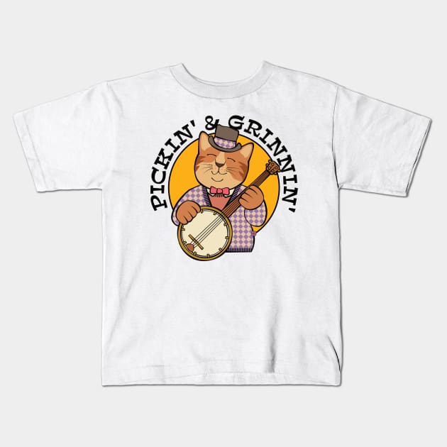 Pickin' and Grinnin' Banjo Cat Kids T-Shirt by Sue Cervenka